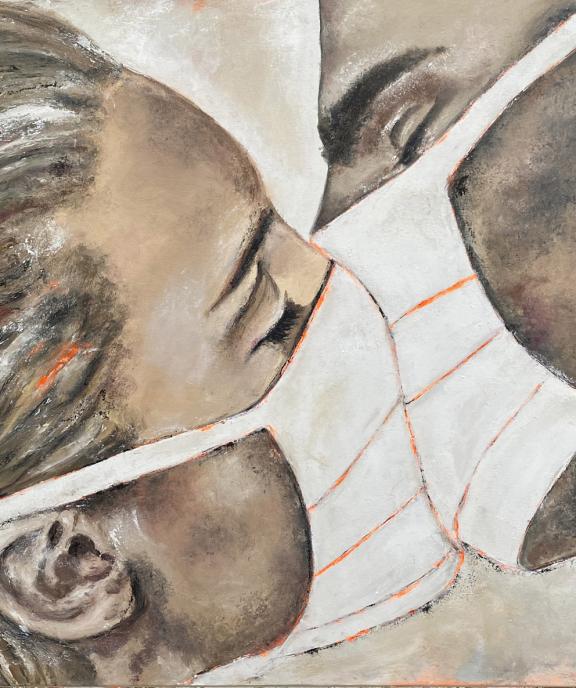 Gemälde 2020 Mann und Frau küssen sich mit Masken