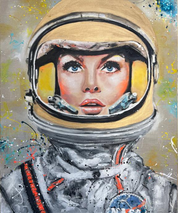 Portrait Astronautin Öl, Metallpigmente und Mischtechnik auf Leinwand