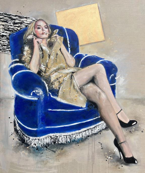 Gemälde Frau auf Sessel, Öl, Blattgold auf Leinwand