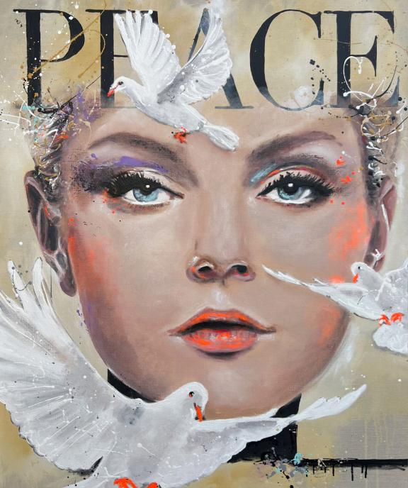Portrait Peace mit Tauben, Öl und mixed media auf Leinwand