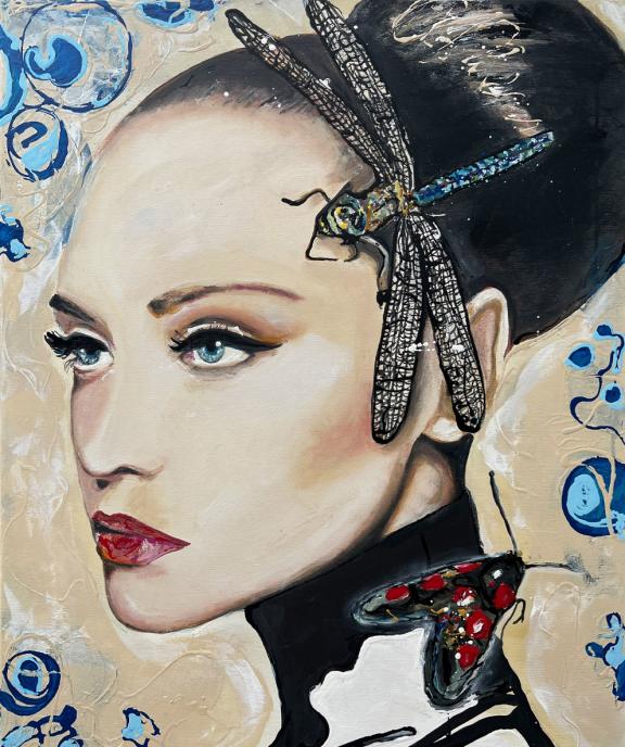 Baltische Mosaikjungfer Bild Frau, Portrait mit Libelle