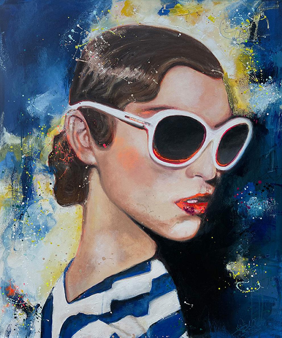 Portrait Frau mit Sonnenbrille in Öl und Mischtechnik auf Leinwand