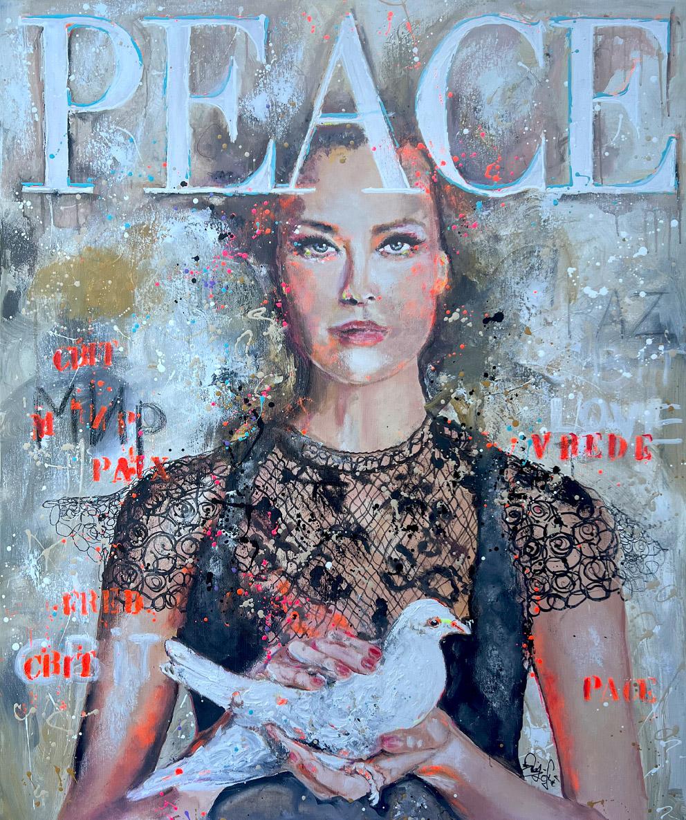 Gemälde wie Cover mit Frau, Friedenstaube und Peace Schriftzug