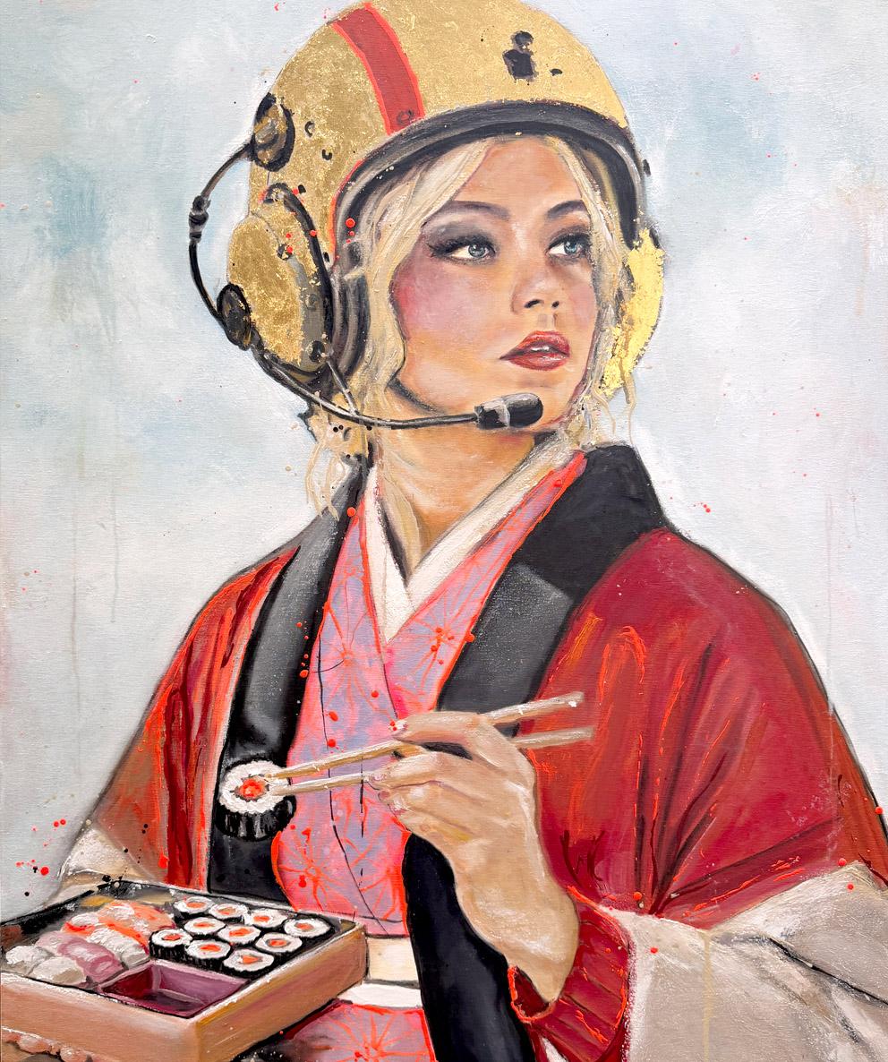 Frau mit Pilotenhelm ist Sushi